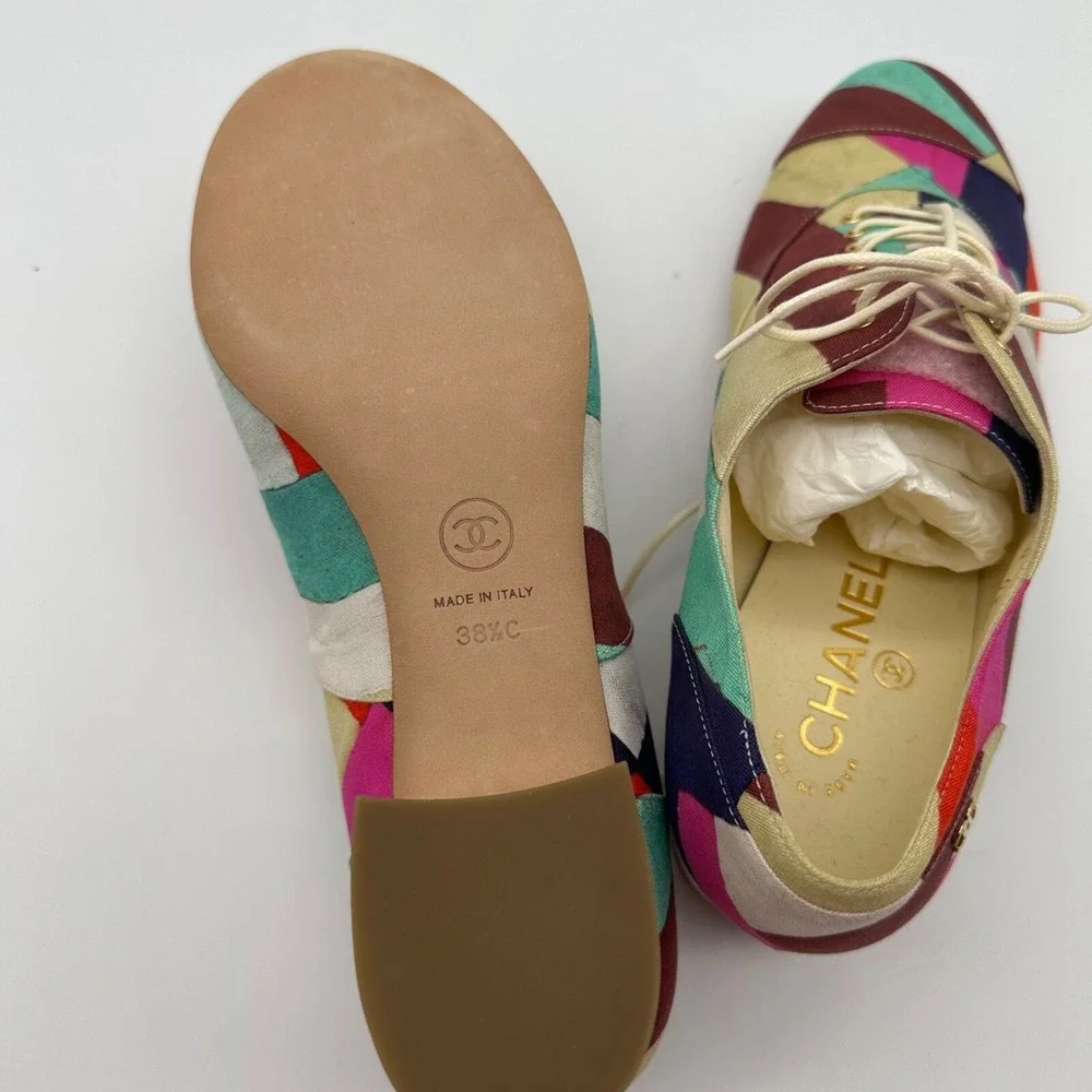 NEW CHANEL‎ BROGUES SHOES CAMELIA G HEELS MULTI COLOR CANVAS G31468 Size 38.5